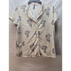 Jacelyn Intimates PJ Top Women sz Large beige Floral Collared short sleeve 7283
